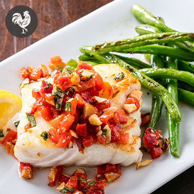 Pan-Seared Cod with Blistered Green Beans and Red Pepper Relish