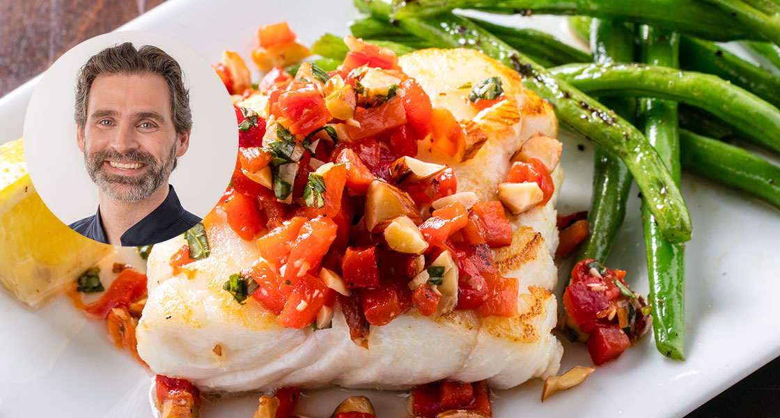 Pan-Seared Cod with Blistered Green Beans and Red Pepper Relish